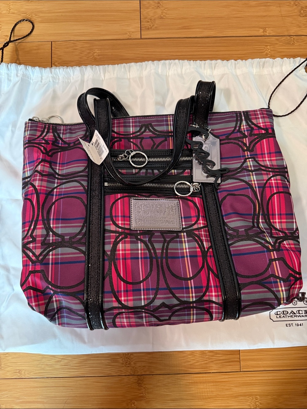 Coach Pink Plaid Signature Tote with Black Trim and Logo Charm